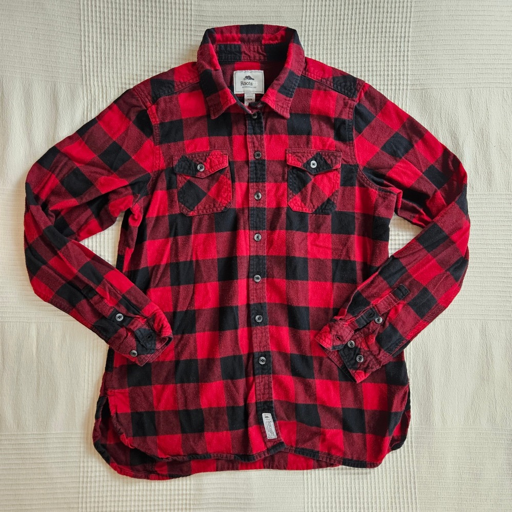 Roots Red Black Buffalo Plaid Indie Grunge Flannel Button Down Shirt Women M